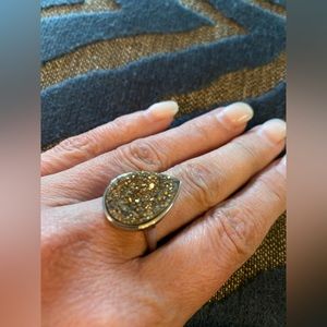 Gold druzy quartz Sterling silver ring